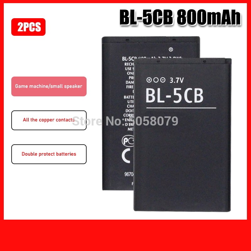 BL-5CB BL5CB 800mAh Replacement Battery For Nokia 1616 1800 c1-02 1280 E60 3600 3660 6620 6108 3108 2135 6086 6108 6230: 2pcs