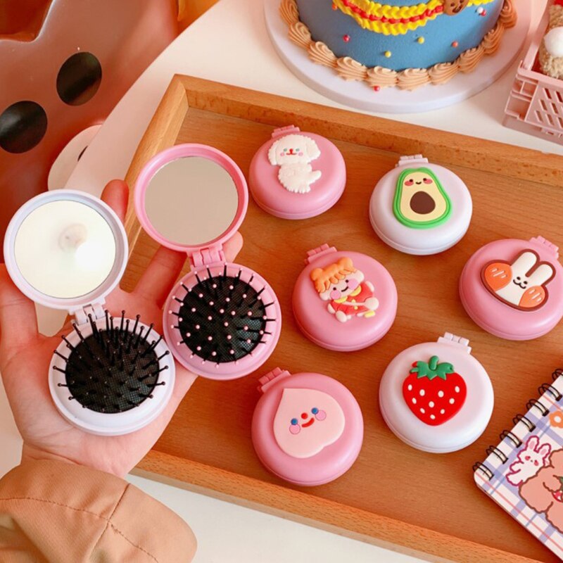 Espejo plegable con peine para chica, pequeño cepillo de pelo de viaje con bolsillo portátil, herramientas de estilismo de espejo, Mini espejo de bolsillo