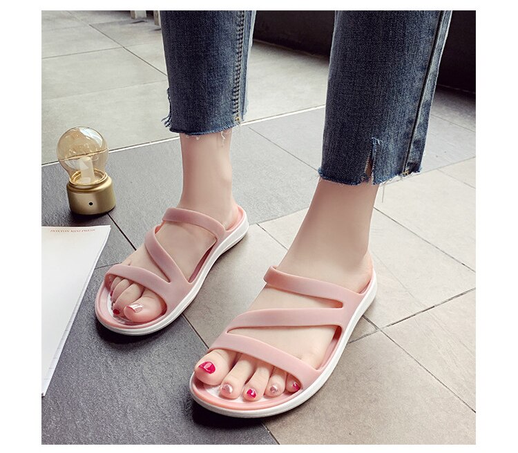 Zapatillas de plataforma con tacón bajo plano para mujer, sandalias Peep Toe negras, zapatos informales de gelatina para playa