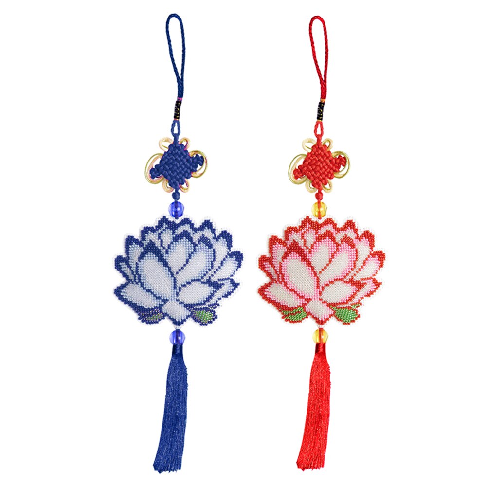 Kit de punto de cruz con cuentas, flor de loto bordado de hecho a mano, bolsa de llavero, decoración de colgante de coche, artesanía de adorno de nudo chino
