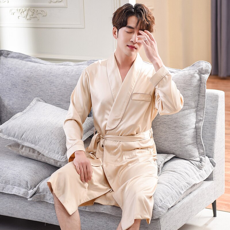 Men Gold Lounge Sleepwear High-grade Silk Nightwear For Men Comfort Silky Bathrobes Noble Dressing gown Men&#39;s Sleep Robes