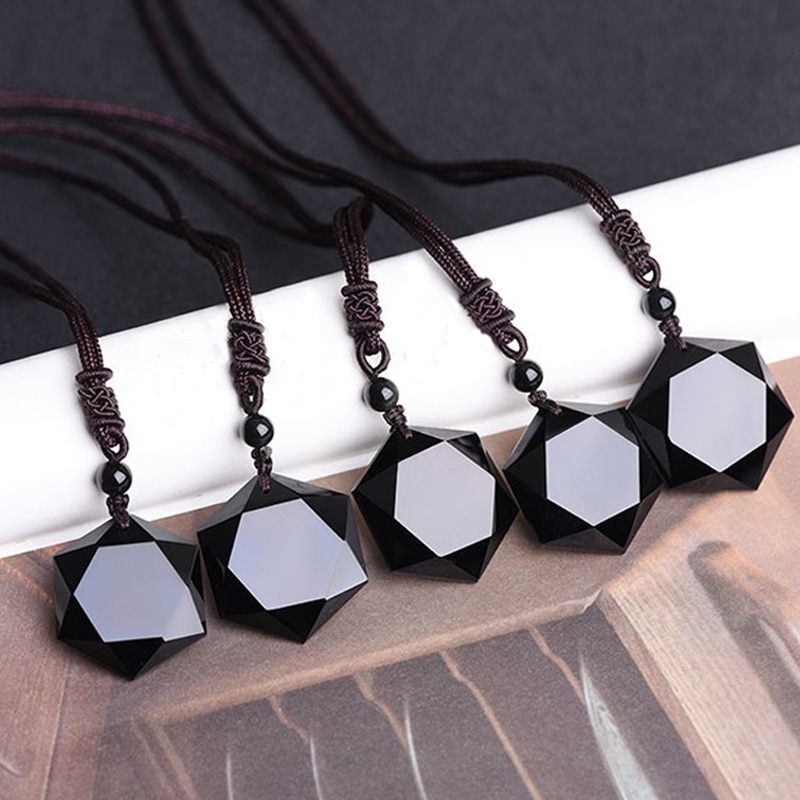 Sort obsidian hexagram halskæde star of rongde vedhæng heldig kærlighed natursten kvinder mænd par halskæde judaisme smykker