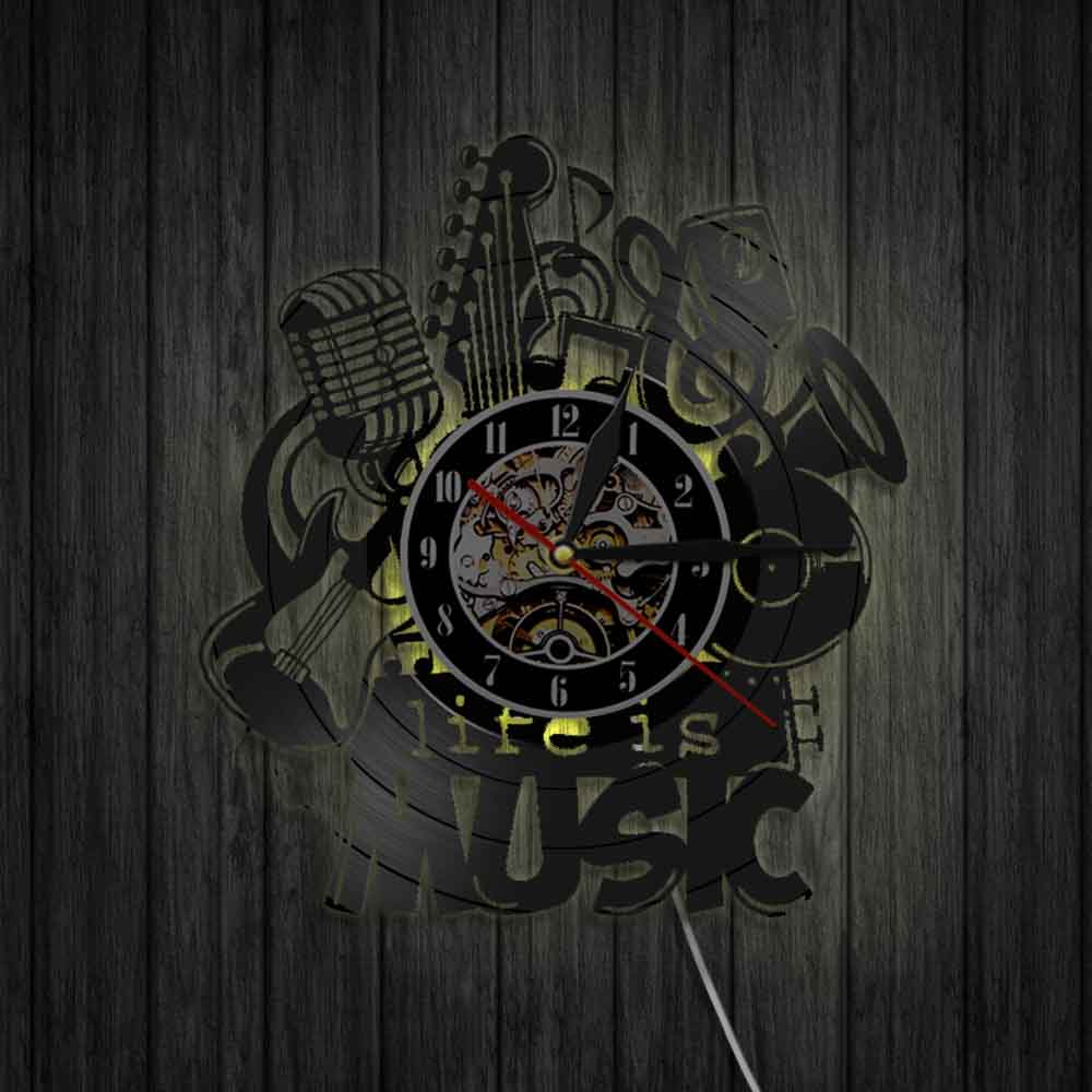 Horloge murale Vintage en vinyle avec musique Life Is, horloge murale, musique Antique, Vintage, enregistrement, maison, idée , LED 3D