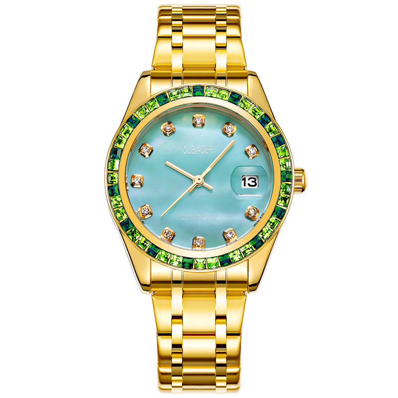 Relogios Femininos Oubaoer Top Luxe Kalender Quartz-Horloge Dames Horloges Vrouwen Rvs Strass Horloges Vrouwen: gold green 093A