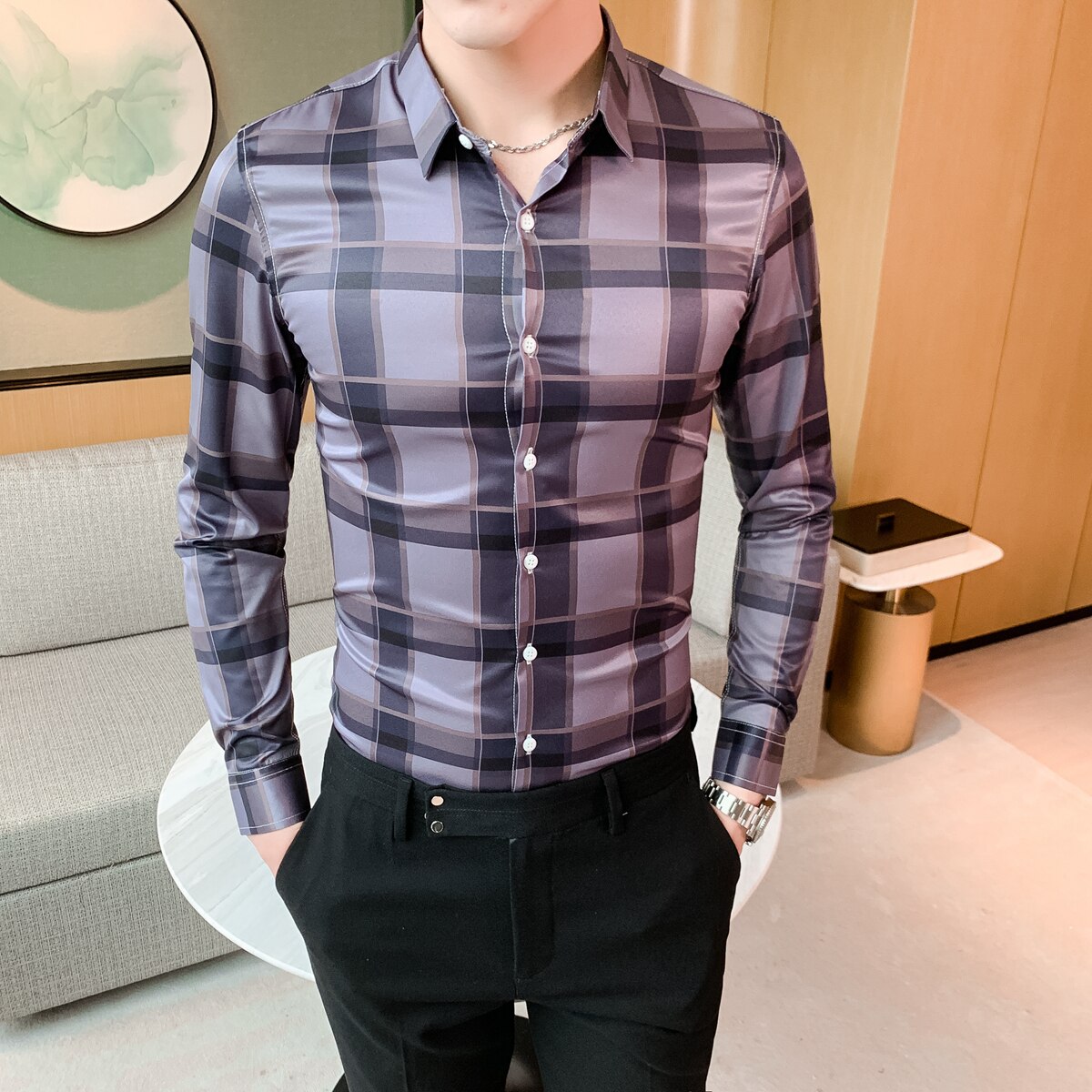 Formella fritidsskjortor 5xl koreanska herrkläder brittisk stil rutig skjorta herr vår slim fit rutig skjorta långärmad: Grå / Koreanska 4xl 77-84kg