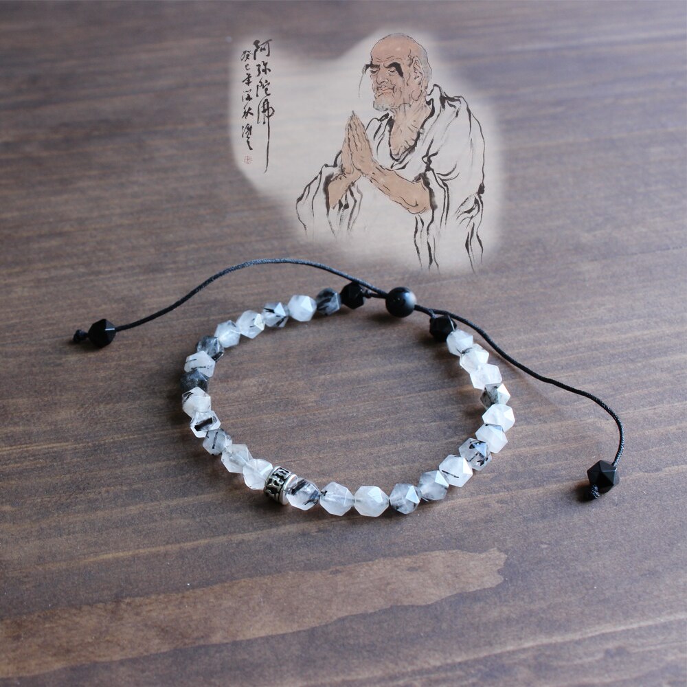 6mm Geconfronteerd Natuurlijke Chinese Inkt Stone Mala Kralen Armband Tibetaans boeddhistische Zes True Woord Om Mani Padme Hum Bedelarmband handgemaakte