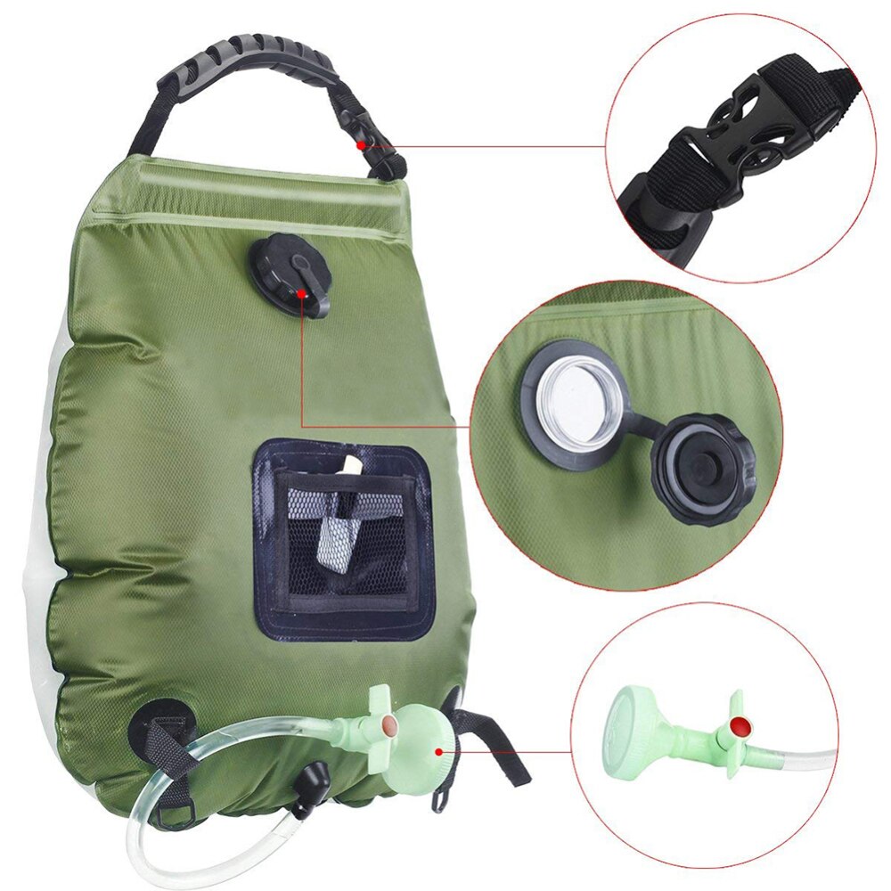 Solar brusetaske 20l solvarme camping brusetaske vand 45 ° aftagelig slange omskiftelig brusehoved