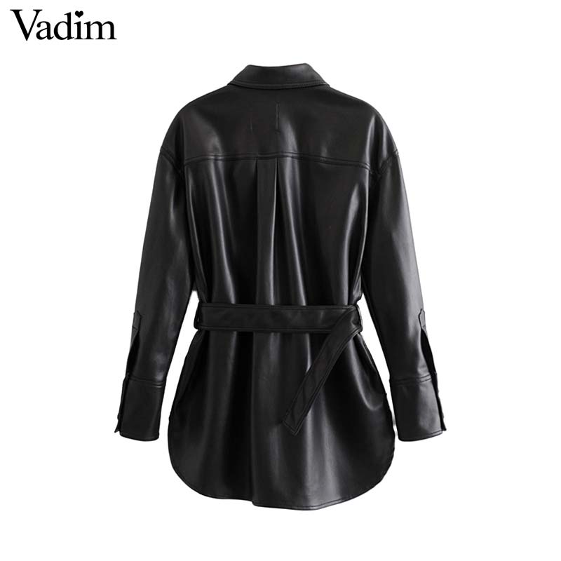 Vadim mujer chaquetas de cuero PU negro pajarita bolsillos sashes manga larga abrigos divididos prendas de vestir femeninas chic casual tapas CA585