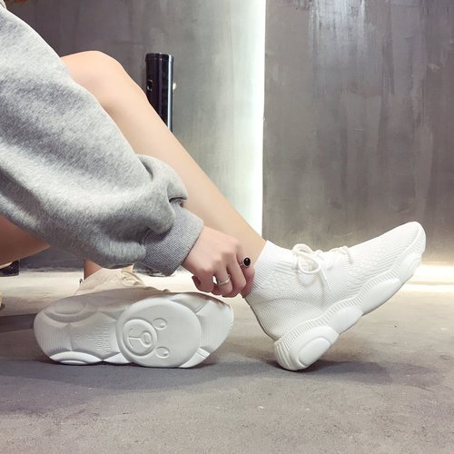 Dames hoge top witte zwarte sneakers dames breischoenen lente zomer casual mesh dikke zool schoenen: Wit / 37