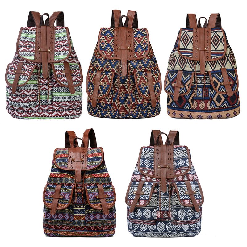 Vintage Print Canvas Ethnic Backpack for Women Girls School Drawstring Bohemia Travel Rucksack