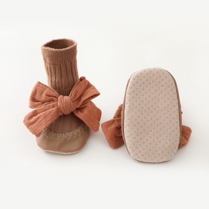 Spring Autumn Baby Girls Socks Newborn Baby Bowknot Socks Infant Baby Socks Anti Slip Soft Cotton Floor Sock Shoes: Coffee / S(0-6M)