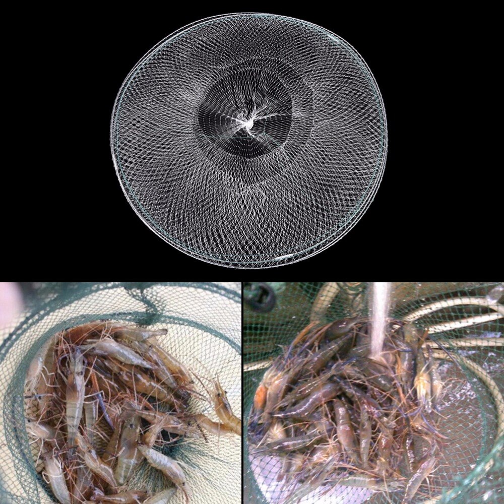 White Shrimp Net Folding Round Metal Frame Nylon Mesh Crab Crawdad Shrimp