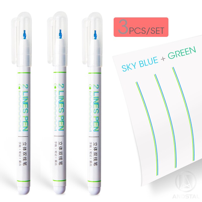 Andstal 2 linjers kuglepen sæt 0.5mm doule line art markør pen fine liner markører fineliner farve blæk tegne scrapbog journaling penne: 3 stk cyan x grøn