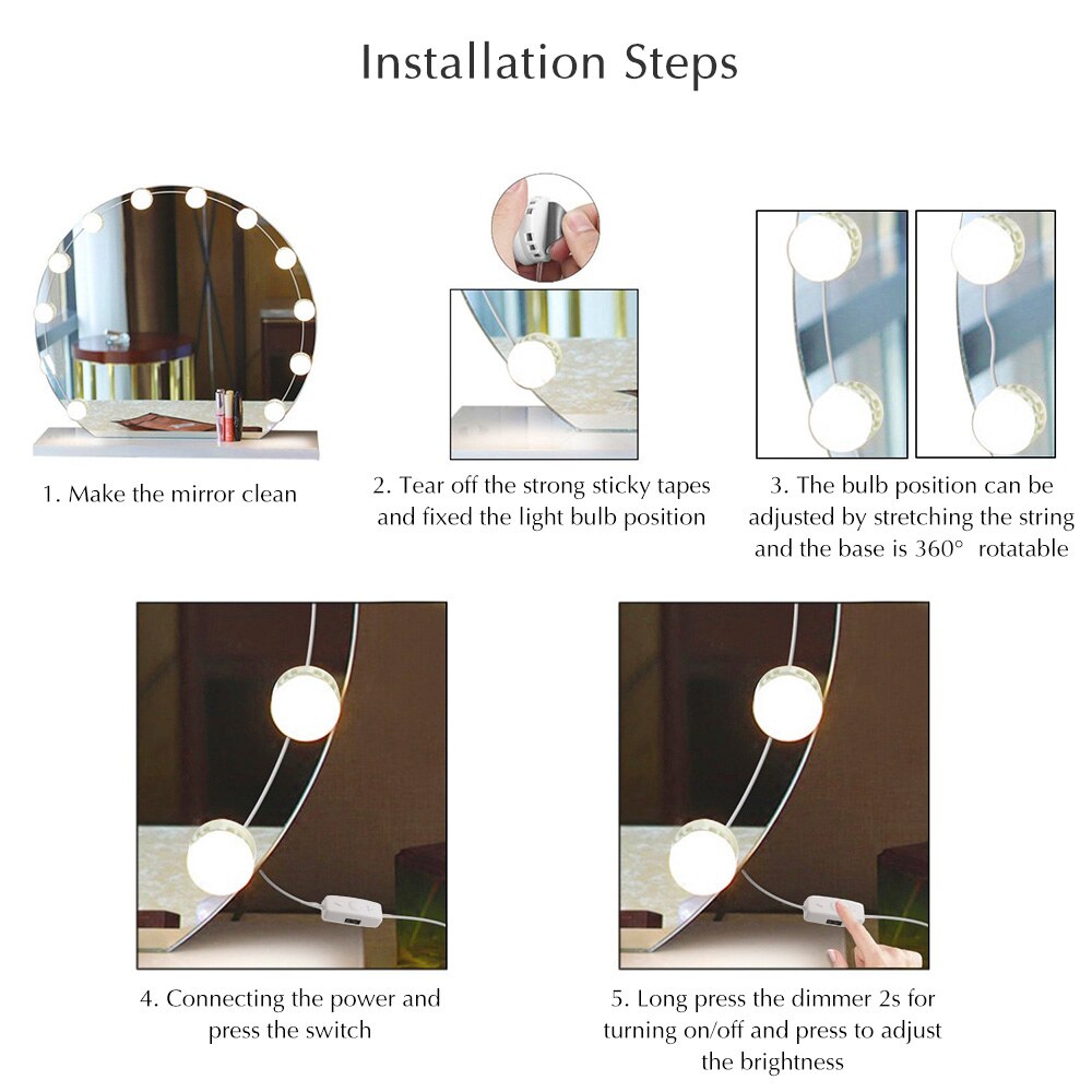 10 LED Vanity Mirror Lights Kit with Dimmable Light Bulbs Lighting Fixture Strip for Makeup Vanity Table Set in USB Port