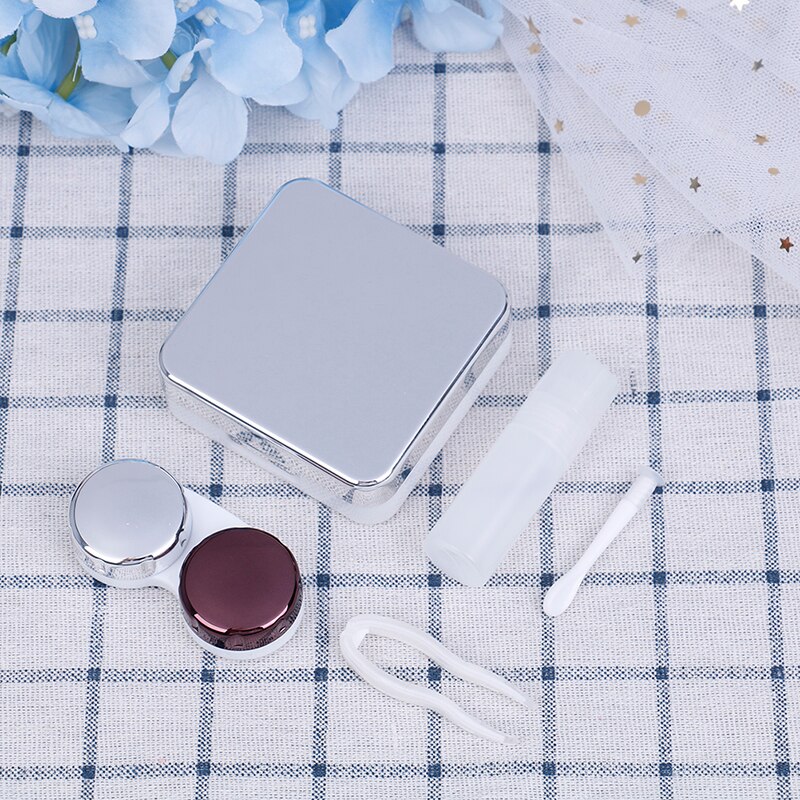 Preciosa caja de Kit de viaje para mujer, estuche para lentillas de colores, Estuche para gafas de contacto de colores con espejo, contenedor para lentes de contacto de ojos: Sliver