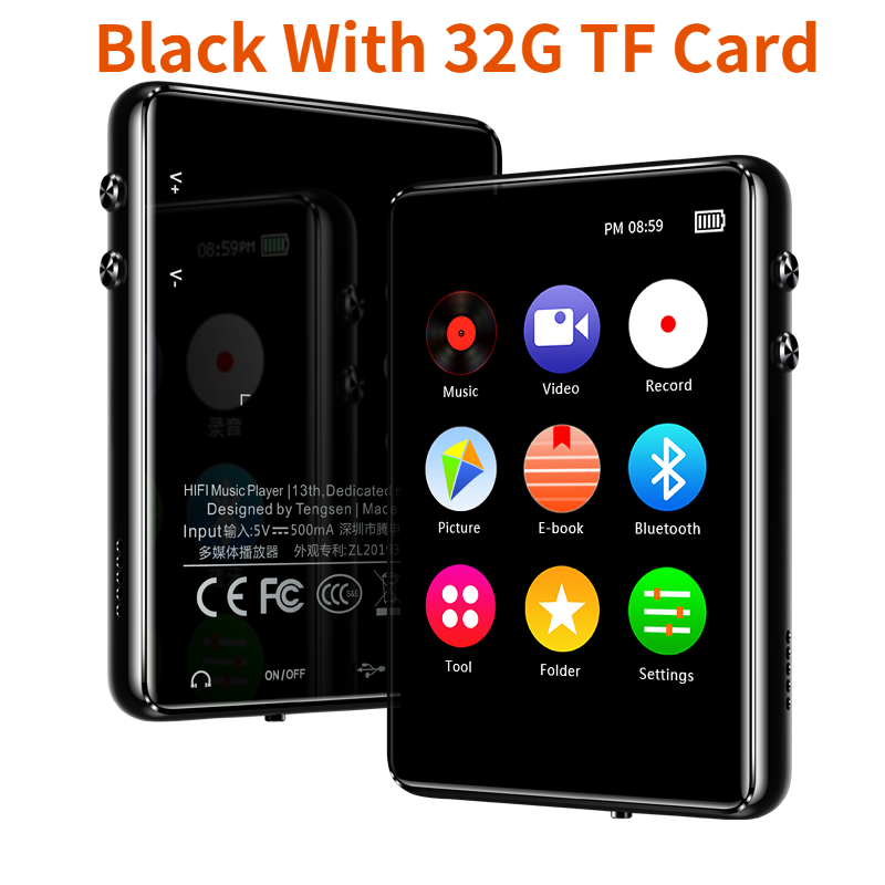 Original metal support, bluetooth 5,0 mp3 mp4 hifi music player, built-in speaker with e-book recording/fm radio/video: With 32g tf / 16gb