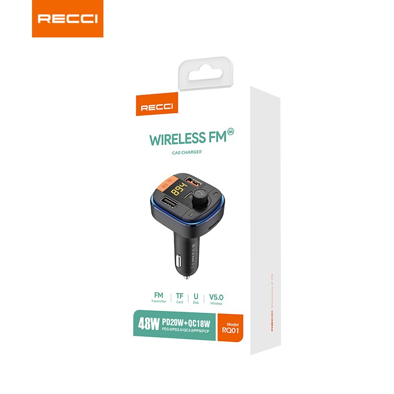 Recci  rq01 multifunctional wireless car  mp3 player bluetooth dual usb fm transmitter 48wpd fast charging