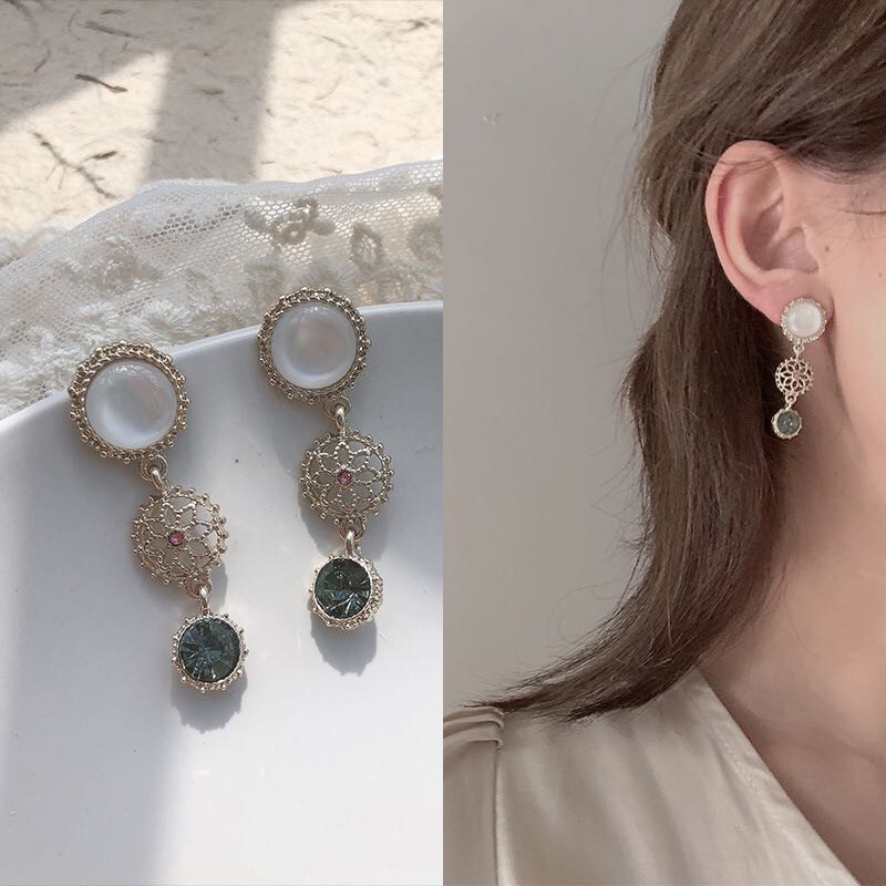 Chinese Stijl Vinrage Paleis Barokke Dames Temperament Oor Clip Strass Retro Groene Steen Hollow Bloem Clip Op Oorbellen