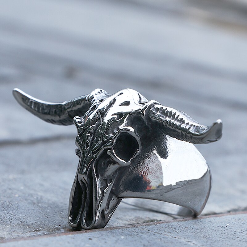 Gotisk rustfritt stål okse hodeskalle ring punk biker menn okse hode dyr ring kule smykker