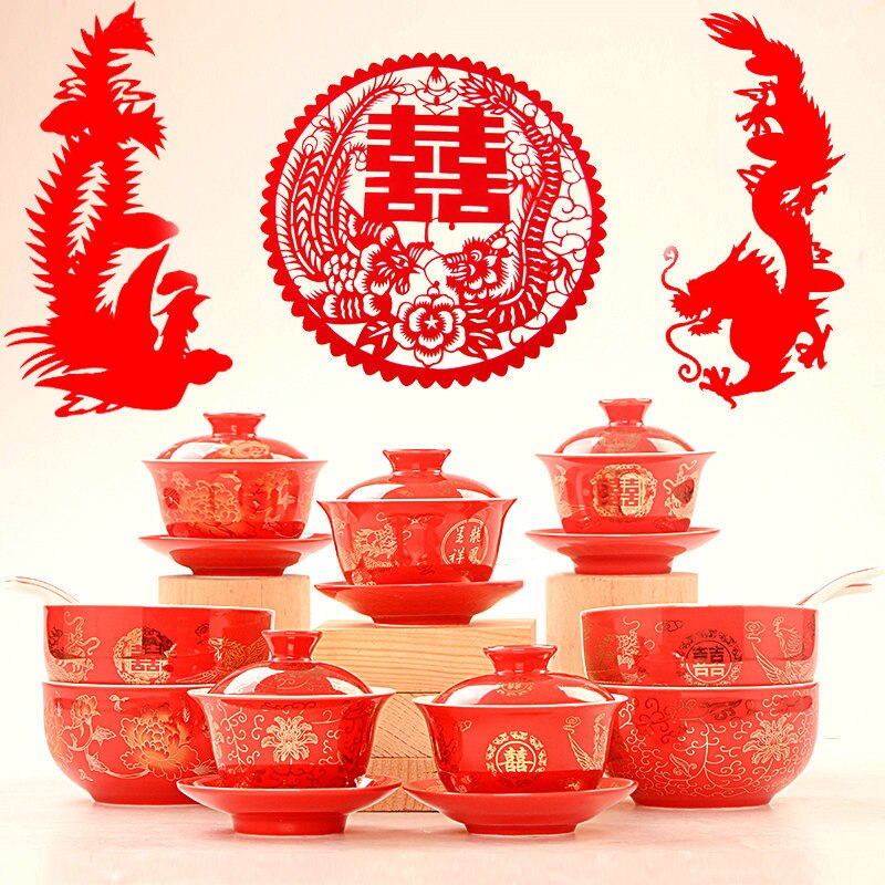 Kinesisk testel drage og føniks bryllup rød gaiwan keramisk testel terrin jingdezhen porcelæn te låg skål spisestel kopper