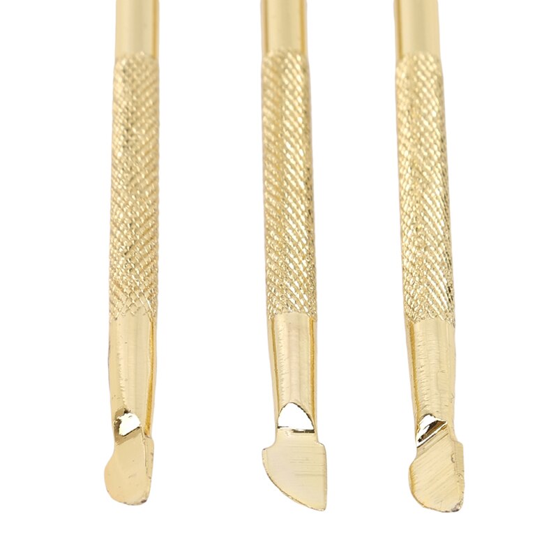 Lot de 3 repousse-cuticules en métal doré pour nail art, pédicure, manucure, outil de retrait et de repousse-ongles