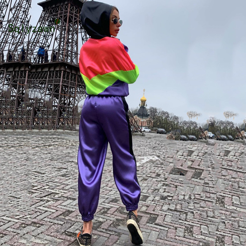 Neon Patchwork Sportwear Women Two Piece Outfits Hooded Long Sleeve Jacket Top + Pants Streetwear Tracksuit Women Matching Sets