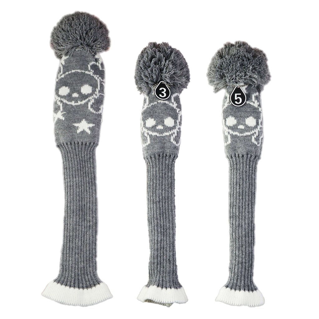 Stripes Knitted Golf Club Head Covers 3 Piece Set 1 3 5 Driver and Fairway HeadCovers with No. Tag: Gray White