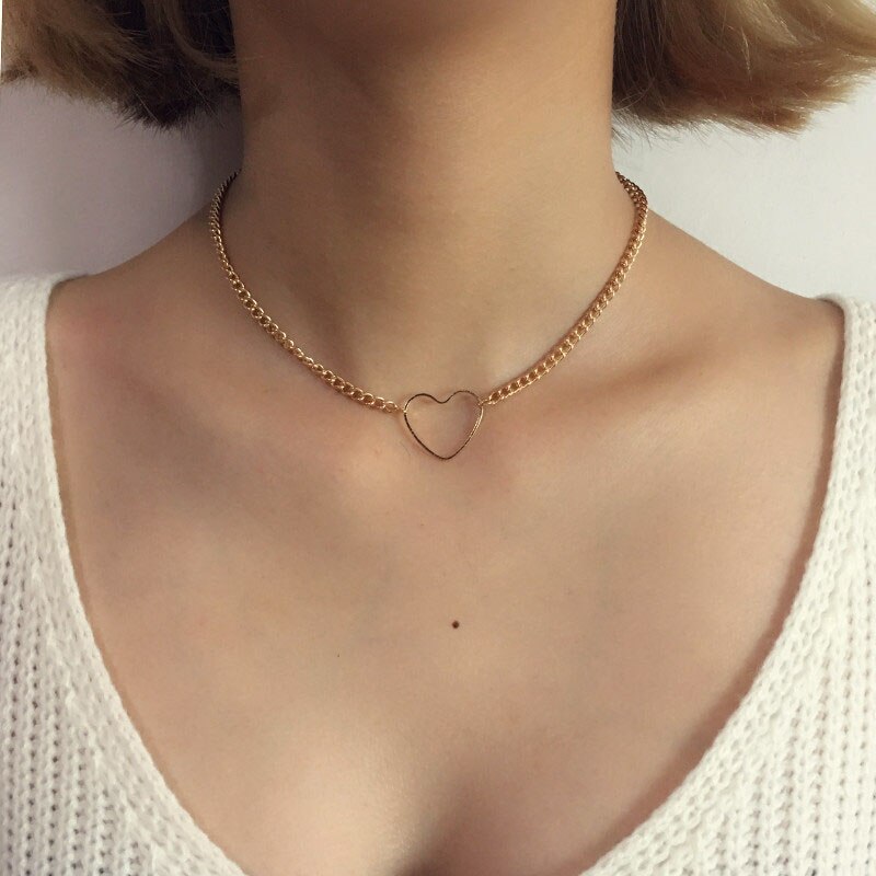 Hueco corazón gargantillas Collar para las mujeres declaración collar de cadena de corazón colgante collar de de la joyería: Gold