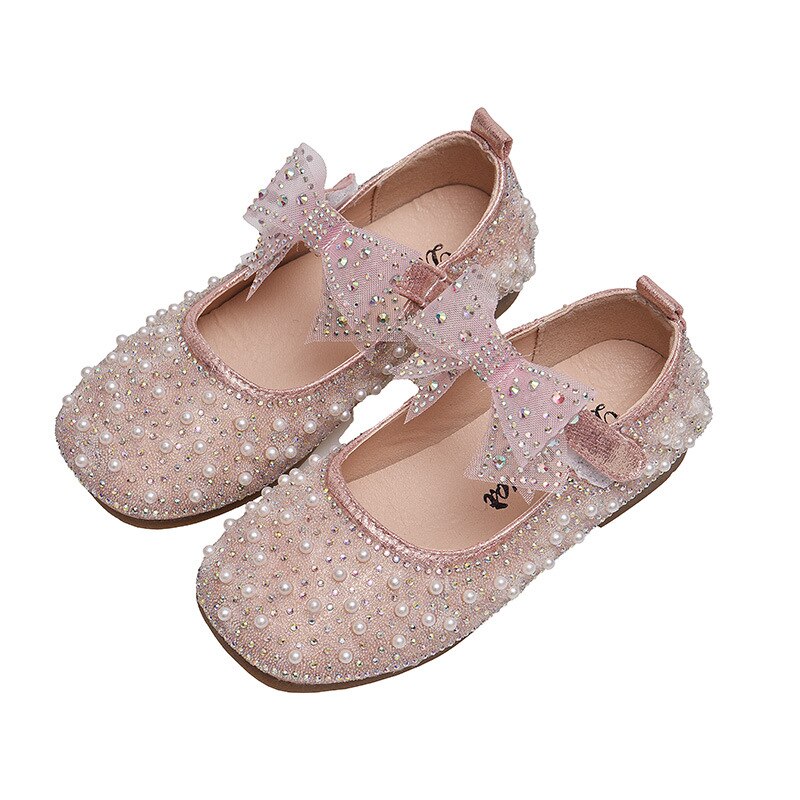Girl's Princess Shoes Children's Bow Rhinestone Leather Kids Shoe 2022 Baby Girls Party Student Flat Shoes E584