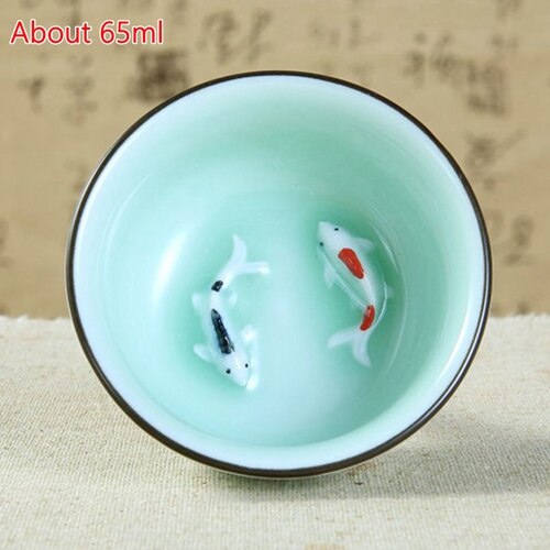 Celadon Chinese Kung Fu Thee Set Lotus Pu'er Thee Cups handgeschilderde Keramische Reliëf Draak Pioen Karper goudvis Thee Kopjes: Double-fishes Green