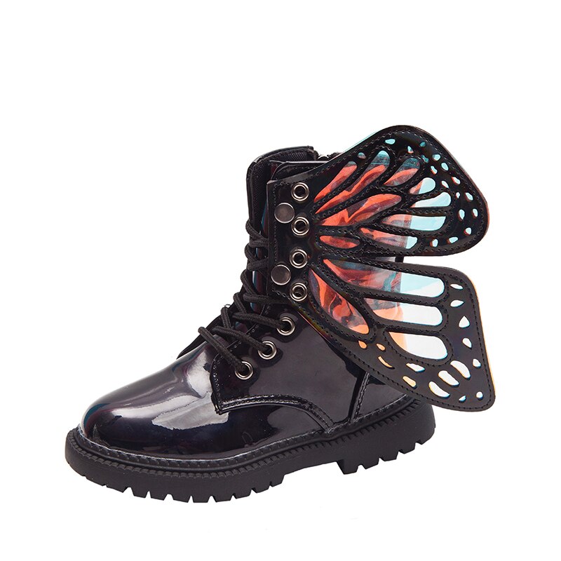 Kids boots for girls PU butterfly removable winter warm baby toddle girl Martin Boots botas niña meisjes laarzen snow boot: Black / 30 inner 18.2cm