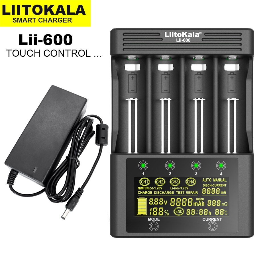 Liitokala lii -500 lii -202 lii -500s lii -s8 lii -600 lcd 3.7v 18650 18350 18500 21700 14500 26650 aa nimh litiumakkulaturi: Lii -600 ja sovitin