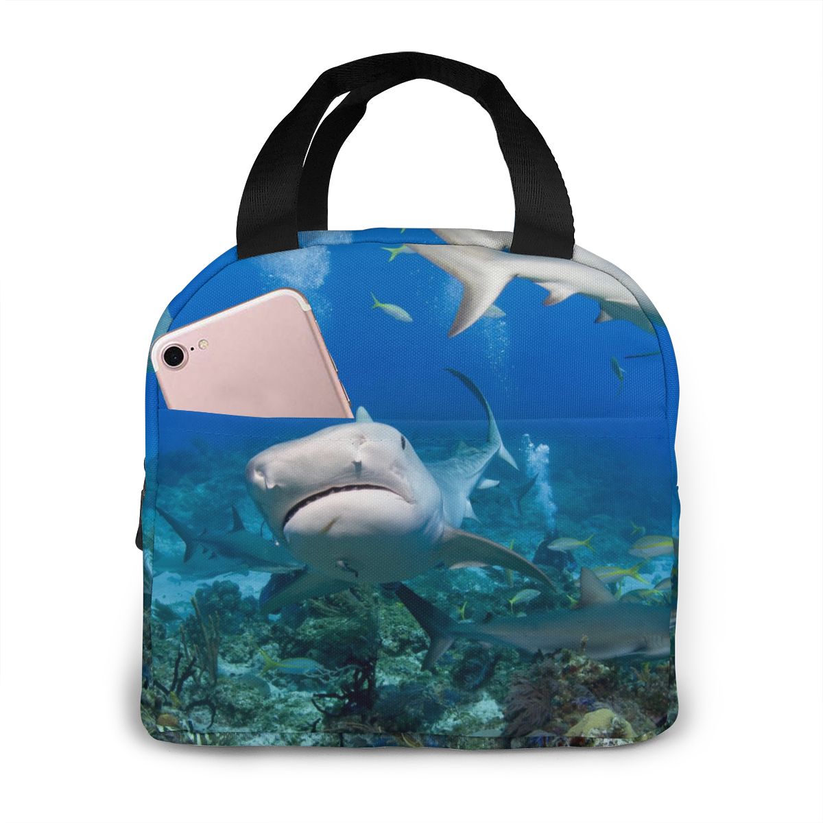 Fantasy Shark Underwater World Lunch Bag Portable Insulated Thermal Cooler Bento Lunch Box Tote Picnic Storage Bag Pouch: Black 8