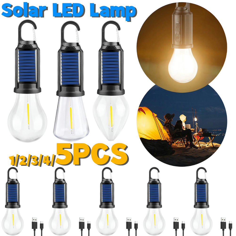 1-5pz Lanterna di illuminazione a portato solare con gancio Luce d'atmosfera per barbecue Ricarica USB Lampada portatile portatile impermeabile per barbecue da campeggio