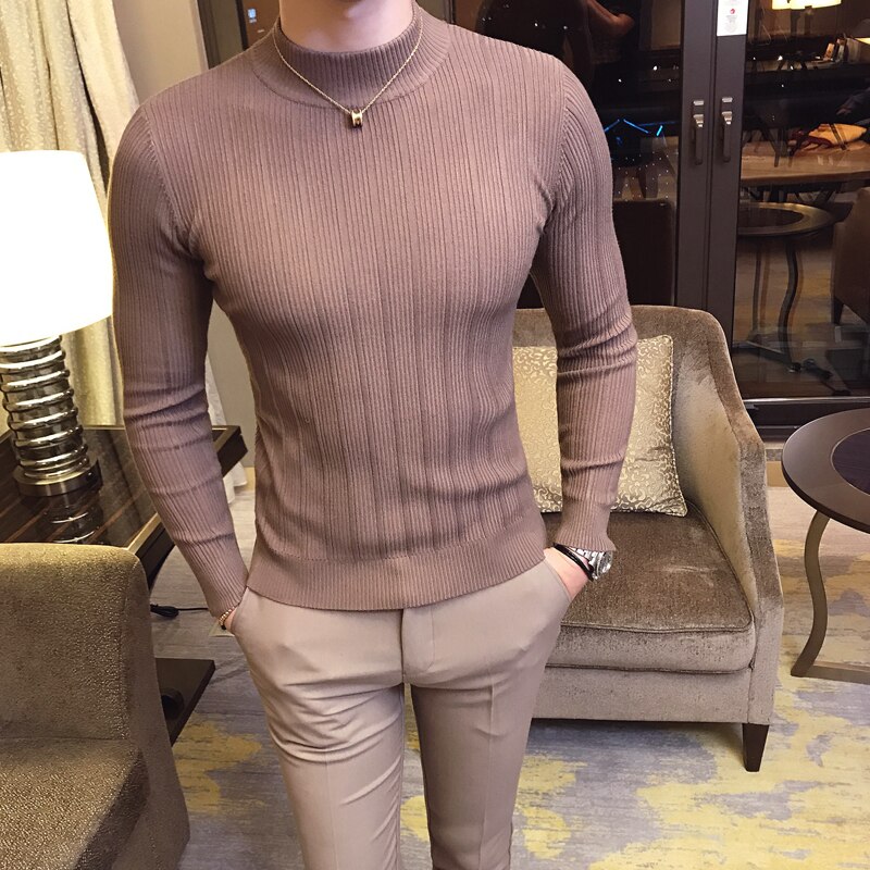 Herfst winter hoge kraag gestreepte trui boetiek effen kleur heren casual gebreide trui strakke herentrui