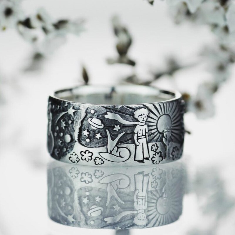 Retro Jewelry Boy Engraving Pattern 925 Sterling Silver Finger Rings Ladies Vintage Tail Ring Thai Silver Fine Jewelry