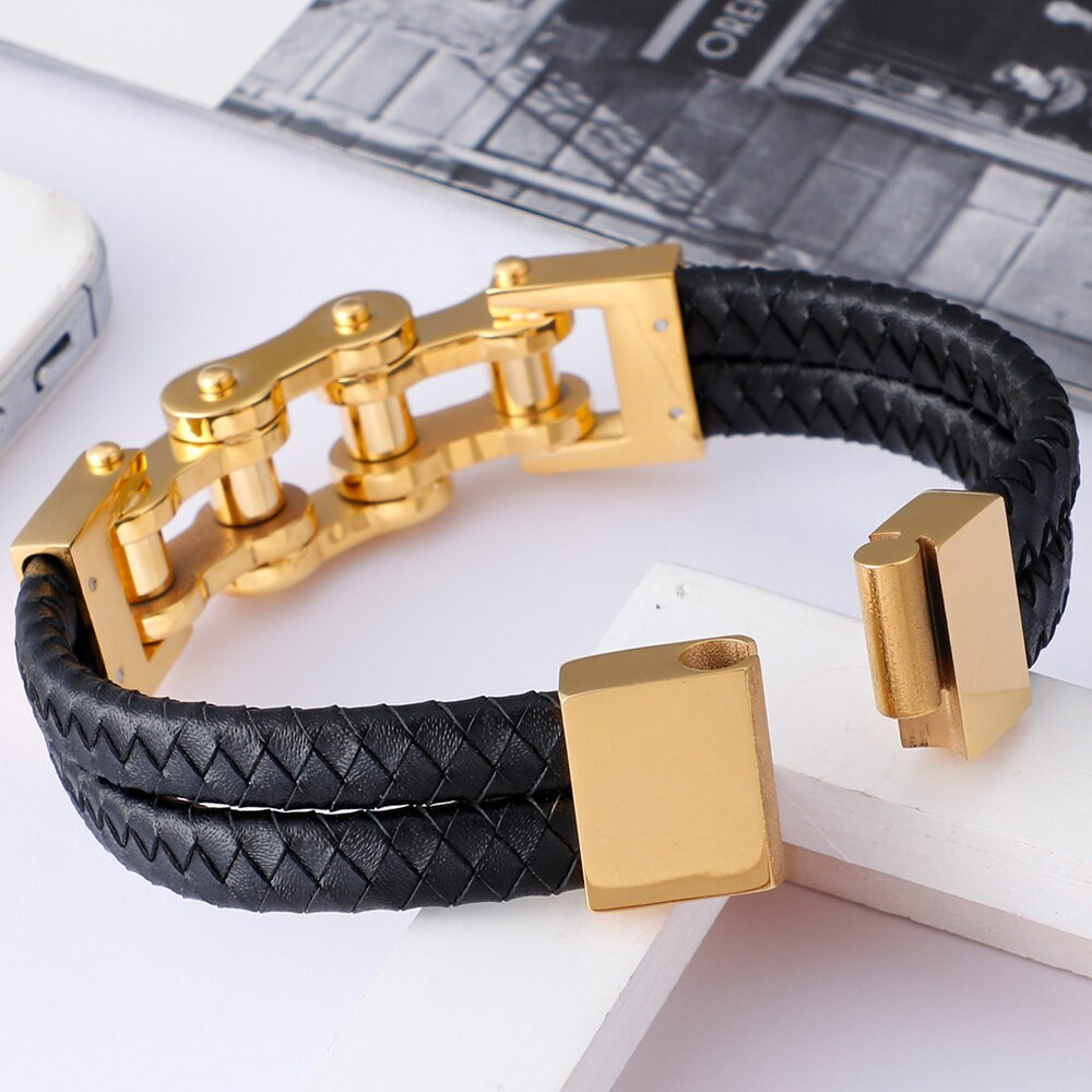 Hip-Hop Biker Sieraden Gevlochten Lederen & Goud Kleur Roestvrij Stalen Armband Mannen Motorfiets Chain Heren Armbanden