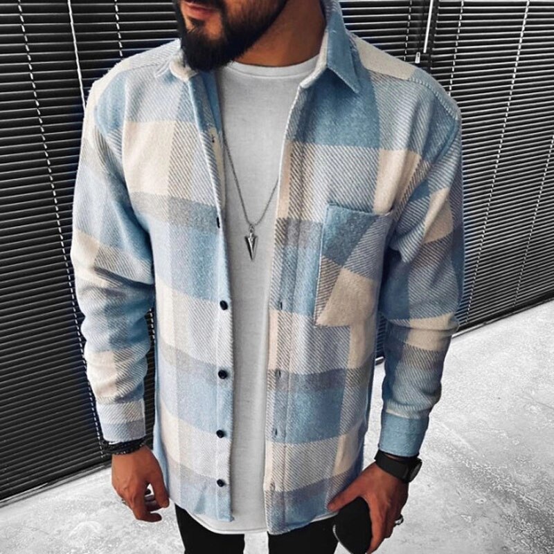 Spring Autumn Single Pocket Long Sleeve Shirt Men Chemise Homme Plaid Shirts Male Cotton Casual Men's Clothing Streetwear