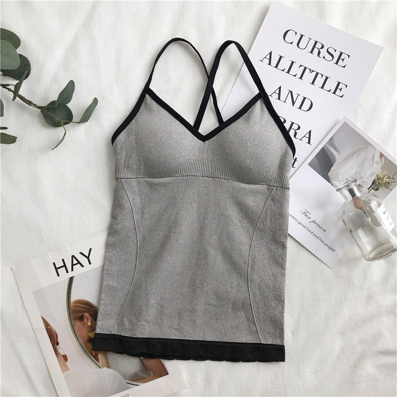avling topp sexy kvinner innebygd bh polstret tank topp kvinnelige pustende Fitness kamisole topper fast slank sommervest singlet: Grå