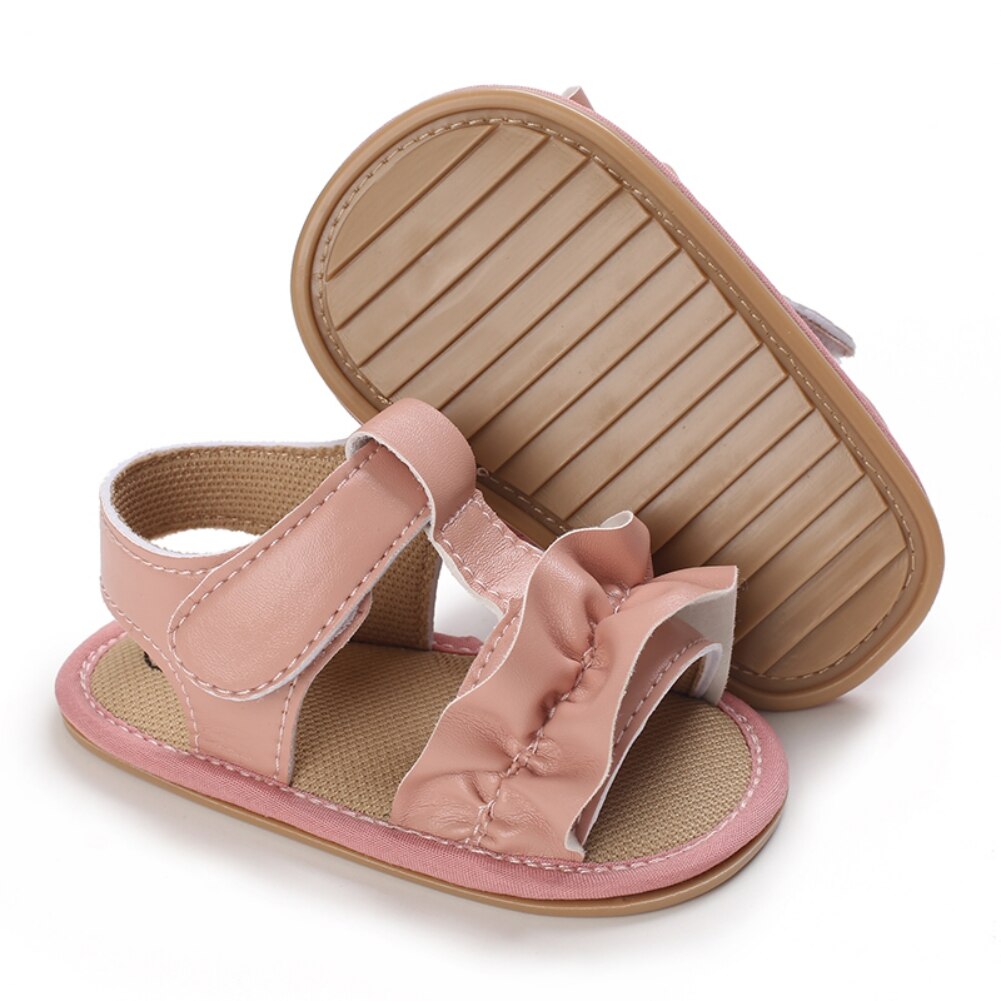 Sandali estivi bambini muli neonati ragazzi ragazze Prewalker neonati PU bordo arricciato suola morbida presepe primi camminatori scarpe piatte con