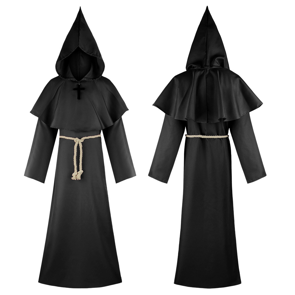 Fantasia de Halloween de Ceifador, Traje de Cinco Fantasmas, Túnica de Frade Medieval, Roupa de Monge, Fantasia de Bruxa e Sacerdote: XXL / Preto
