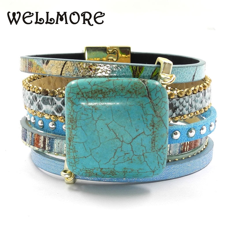 Blauw lederen armband steen charm armbanden magneet gesp Bohemian armbanden boho armbanden en armbanden B161001