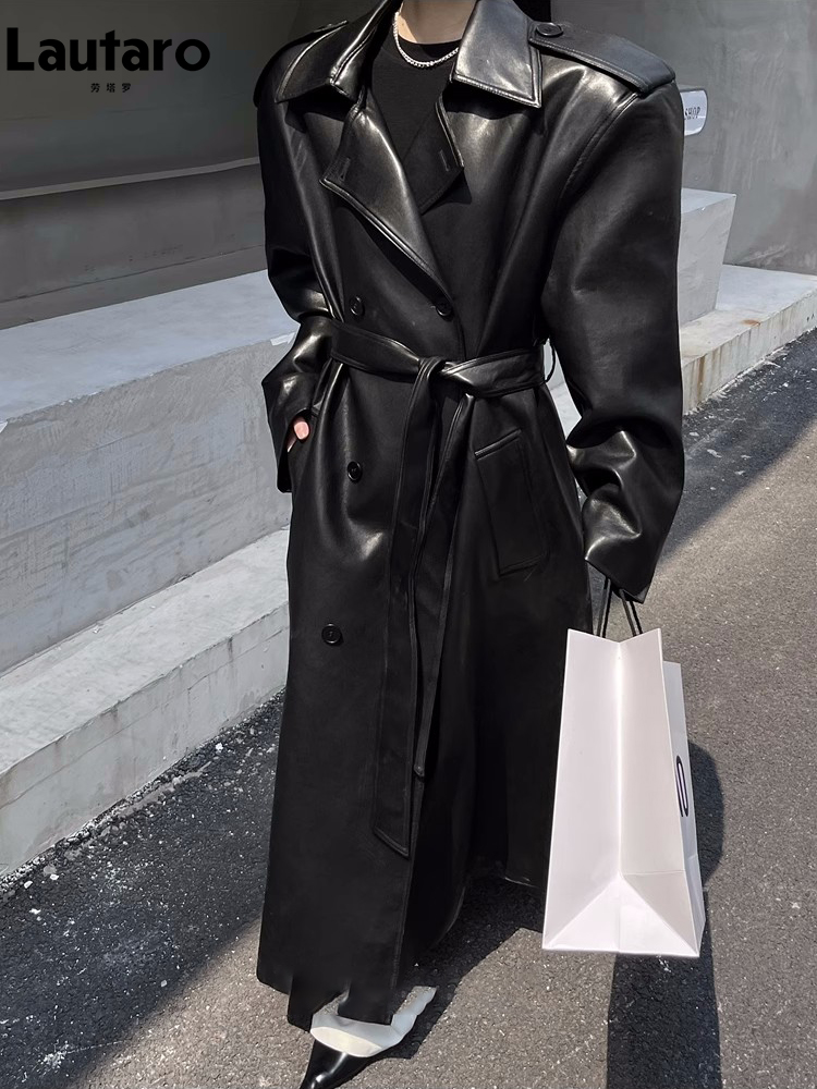 Lautaro-dames lange PU lederen trenchcoat, Europese en Amerikaanse catwalkmode, cool oversized, bruin, zwart, lente, herfst