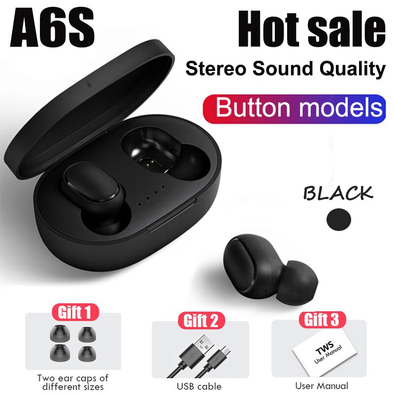 Écouteurs sans fil Bluetooth 5.0 A6S TWS, oreillettes de Sport, casque d'écoute stéréo avec Microphone, boîte de chargement, pour tous les Smartphones: Black with Box