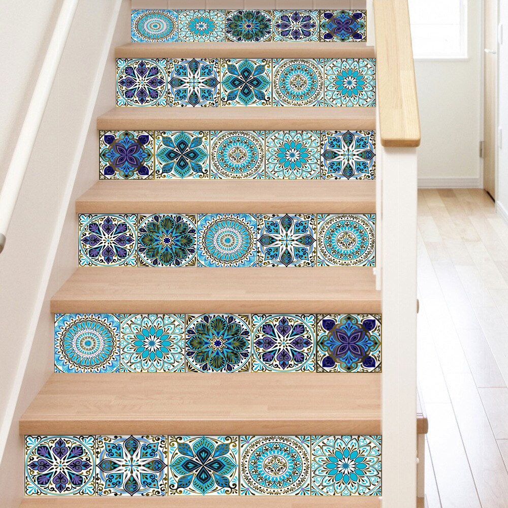 Dreamlike Blue Mandala Style Strips Tiles Wall Sticker Transfers Covers for Kitchen Bathroom Waterproof Peel & Stick Art Mural