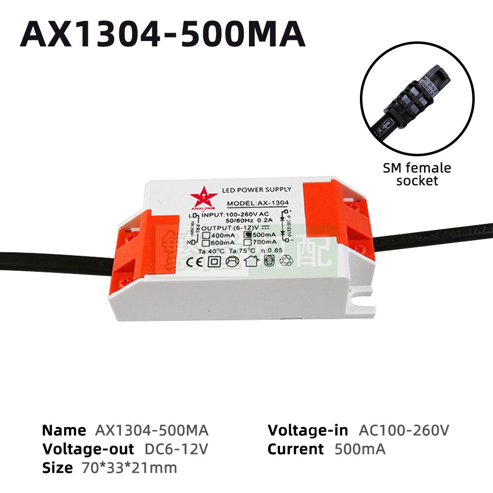 AC100-260V LED Power Supply 250mA 350mA 500mA 720mA 1050mA Constant Current LED Driver with SM Female Socket For CREE COB Chip: AX1304-500MA