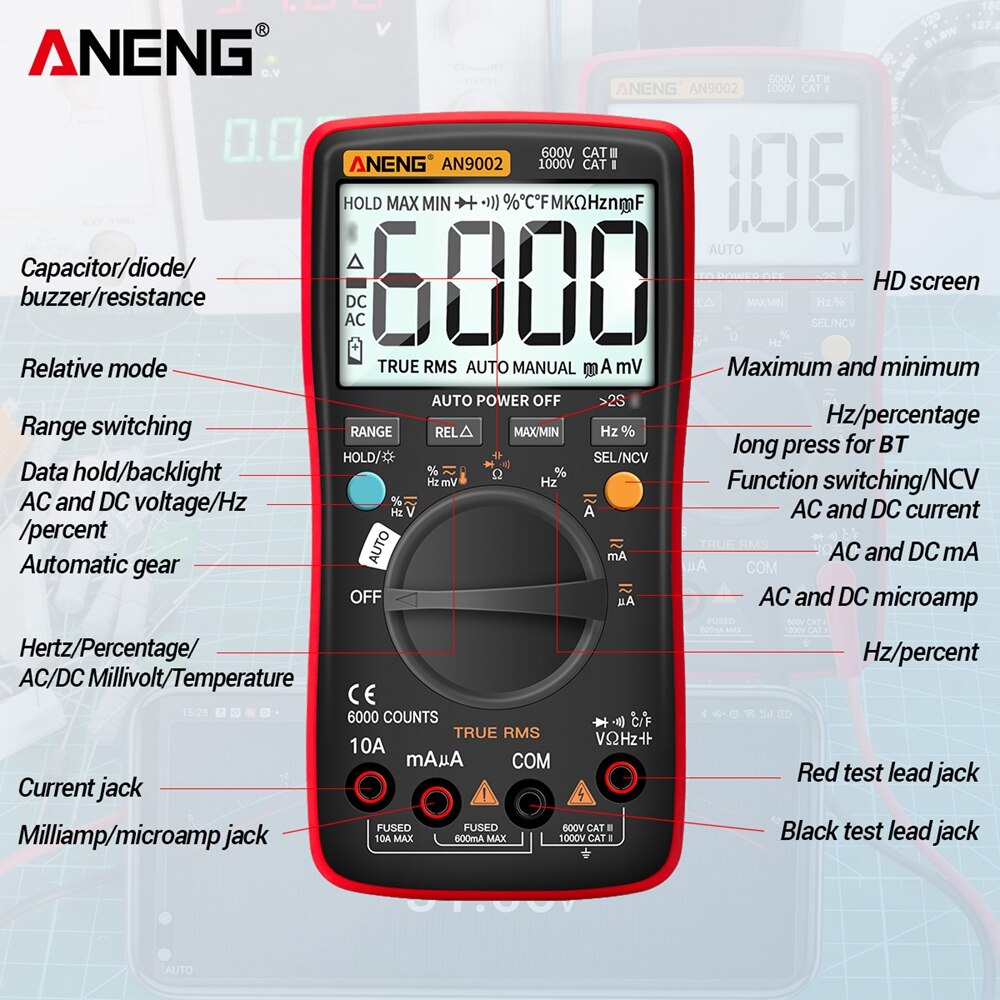 Aneng AN9002 Multimeter Bluetooth Digitale Multimeter 6000 Telt Multimetrotrue Rms Ac/Dc Stroom Spanning Tester Auto-Range