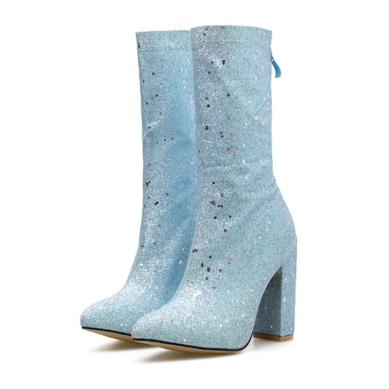 Herfst Winter Vrouwen Bling Enkellaarsjes Cinderella Blauw Vierkant Hoge Hakken Glitter Chelsea Enkellaars Lovertjes Bruiloft Schoenen: Sky Blue / 5