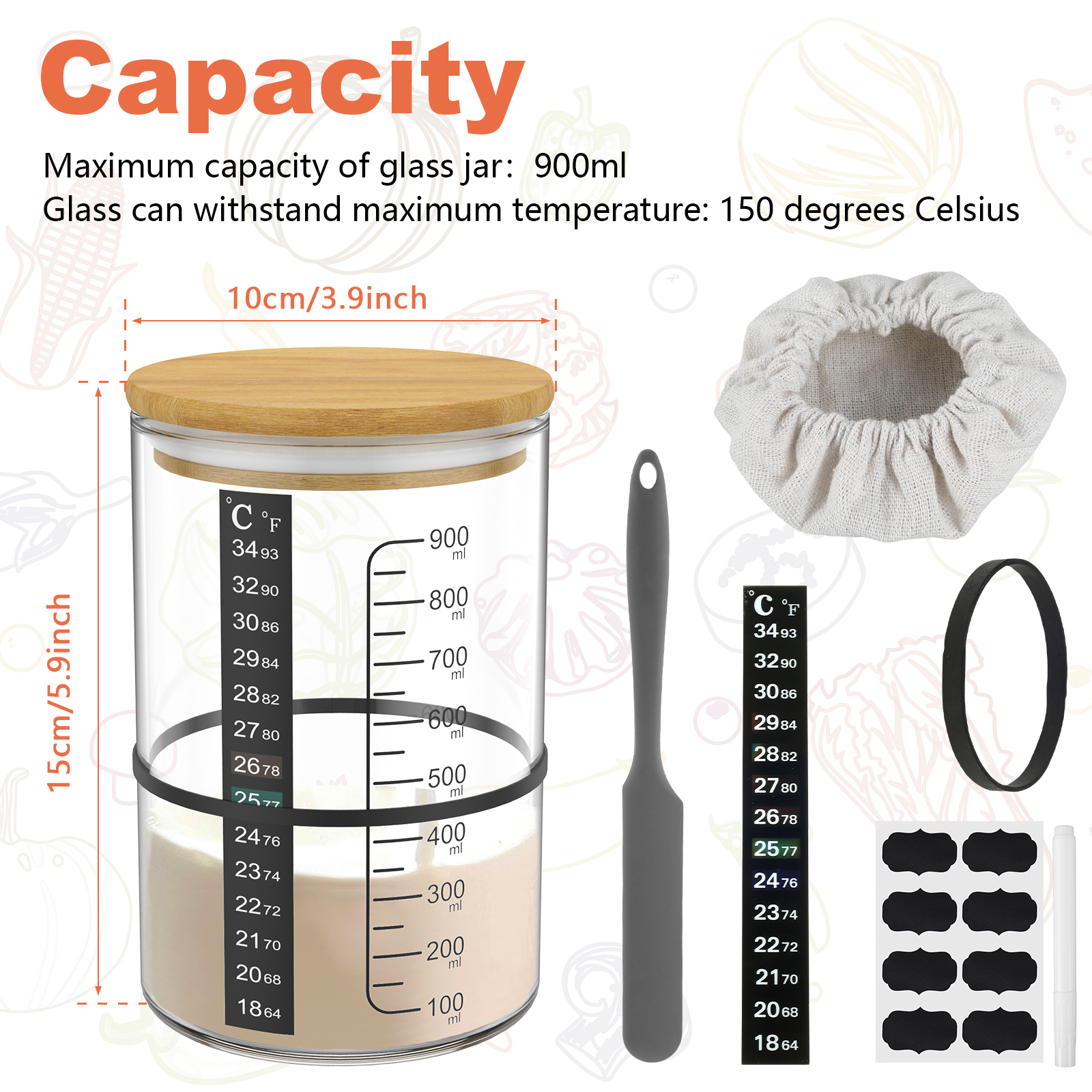 Pot de Fermentation au levain 900ml, récipient de démarrage au levain, pot en verre transparent, fournitures de cuisson au levain, bouche large avec couvercle