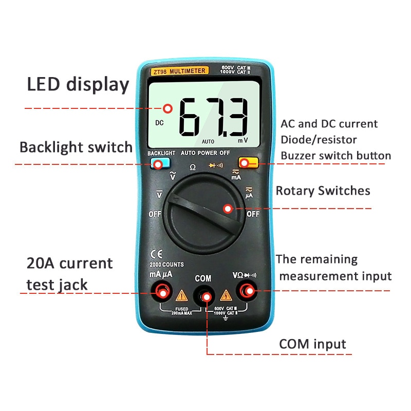 1Pcs ZT Digital Multimeters Portable AC/DC Ammeter Voltmeter Ohm LCD Display Backlight Multimeter Diode and Continuity Test